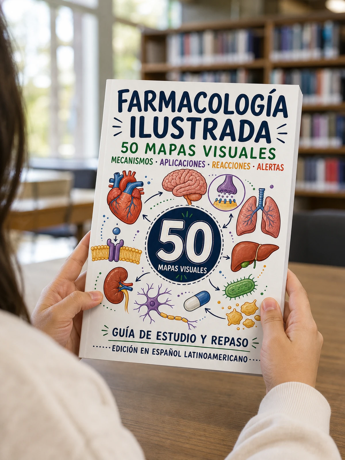 Estudiante revisando la capa de Farmacología Ilustrada